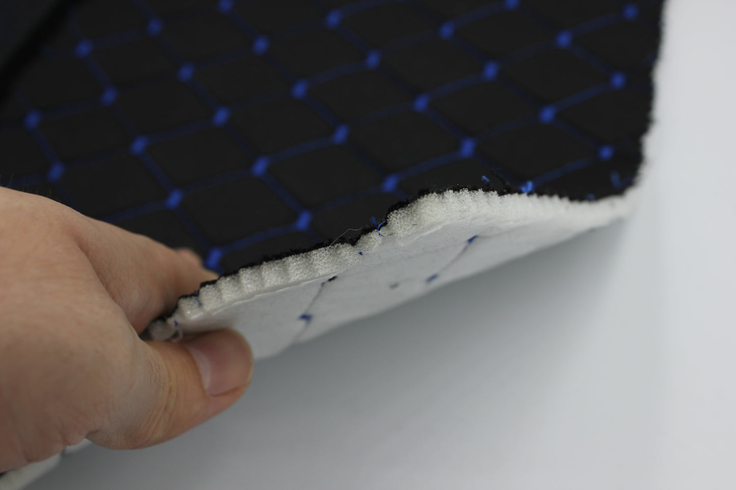 Blue Quilted Black Interior Car Upholstery Fabric Diamond Stitch 2"x2" 5x5cm Size 5mm Foam 150cm - 59" inch Wide Professional Automobile