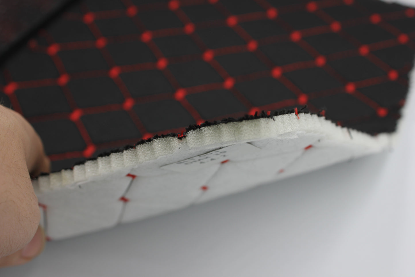 Red Quilted Black Interior Car Upholstery Fabric Diamond Stitch 2"x2" 5x5cm Size 5mm Foam 150cm - 59" inch Wide Professional Automobile
