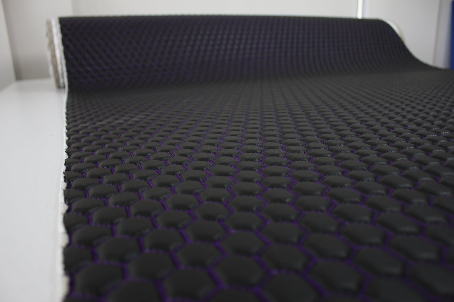 Purple Quilted Black Vinyl Faux Leather Car Upholstery Fabric | 2" x 5cm Honeycomb Pattern Stitch with 5mm Foam Backing | 140cm Wide | Automotive