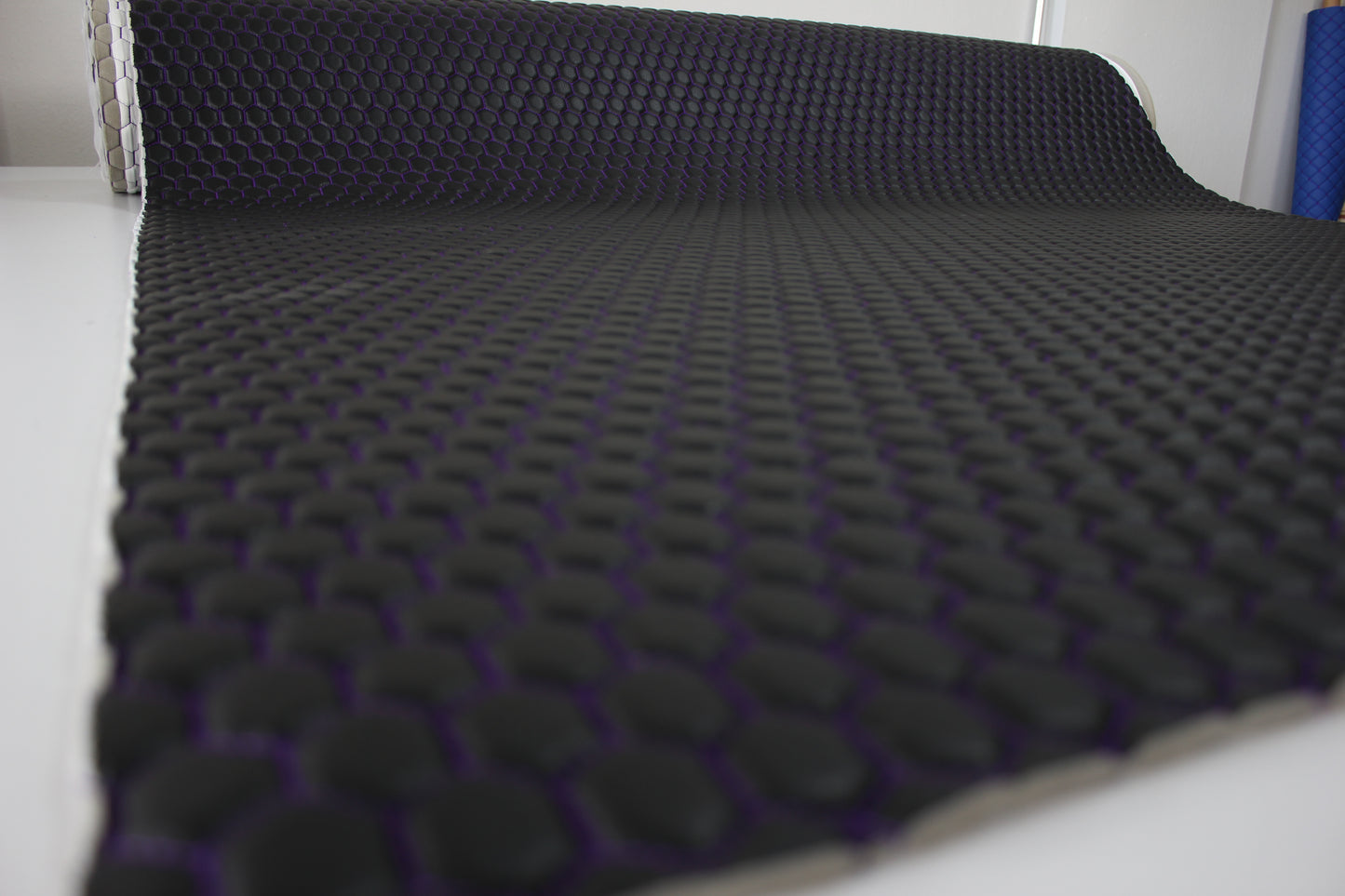 Purple Quilted Black Vinyl Faux Leather Car Upholstery Fabric | 2" x 5cm Honeycomb Pattern Stitch with 5mm Foam Backing | 140cm Wide | Automotive