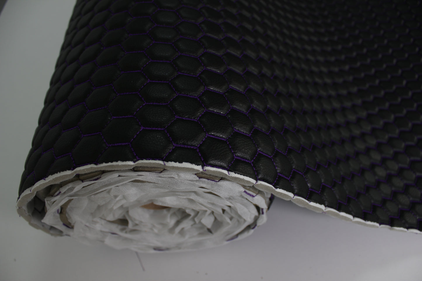 Purple Quilted Black Vinyl Faux Leather Car Upholstery Fabric | 2" x 5cm Honeycomb Pattern Stitch with 5mm Foam Backing | 140cm Wide | Automotive