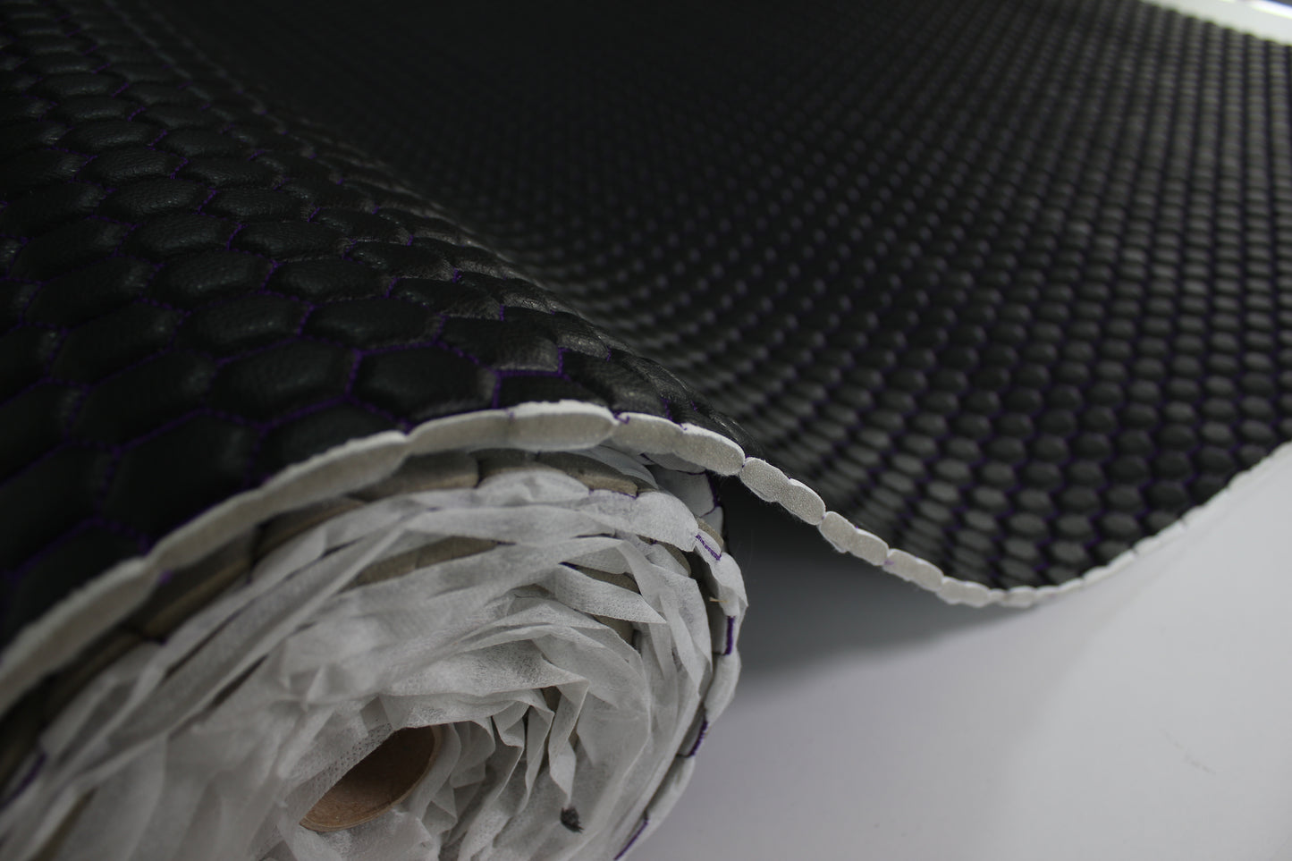 Purple Quilted Black Vinyl Faux Leather Car Upholstery Fabric | 2" x 5cm Honeycomb Pattern Stitch with 5mm Foam Backing | 140cm Wide | Automotive