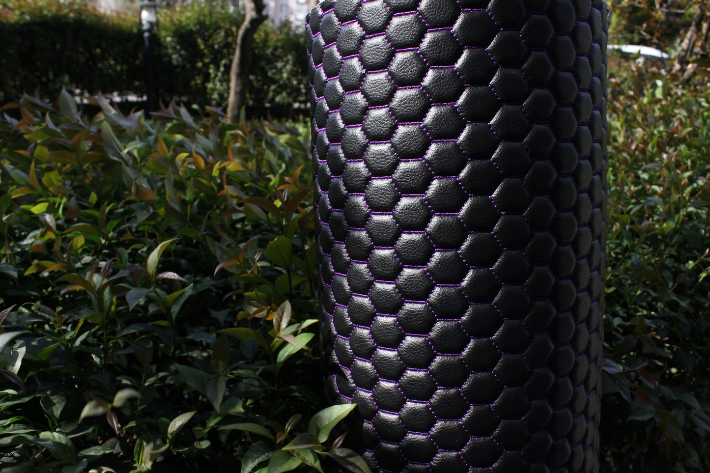 Purple Quilted Black Vinyl Faux Leather Car Upholstery Fabric | 2" x 5cm Honeycomb Pattern Stitch with 5mm Foam Backing | 140cm Wide | Automotive
