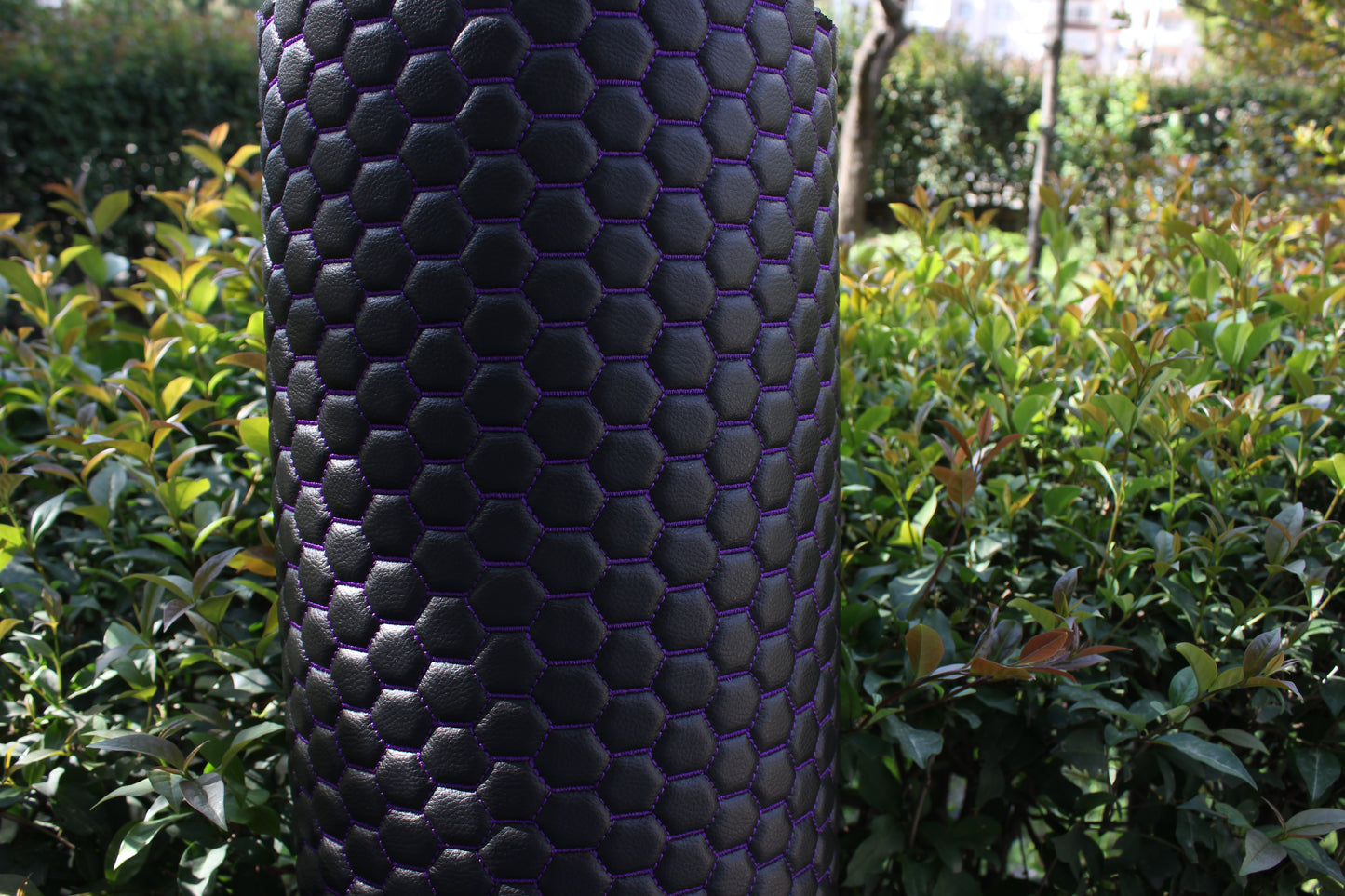 Purple Quilted Black Vinyl Faux Leather Car Upholstery Fabric | 2" x 5cm Honeycomb Pattern Stitch with 5mm Foam Backing | 140cm Wide | Automotive