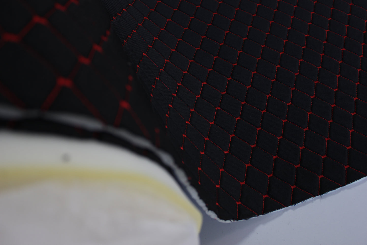 Red Quilted Black Interior Car Upholstery Fabric Diamond Stitch 2"x2" 5x5cm Size 5mm Foam 150cm - 59" inch Wide Professional Automobile