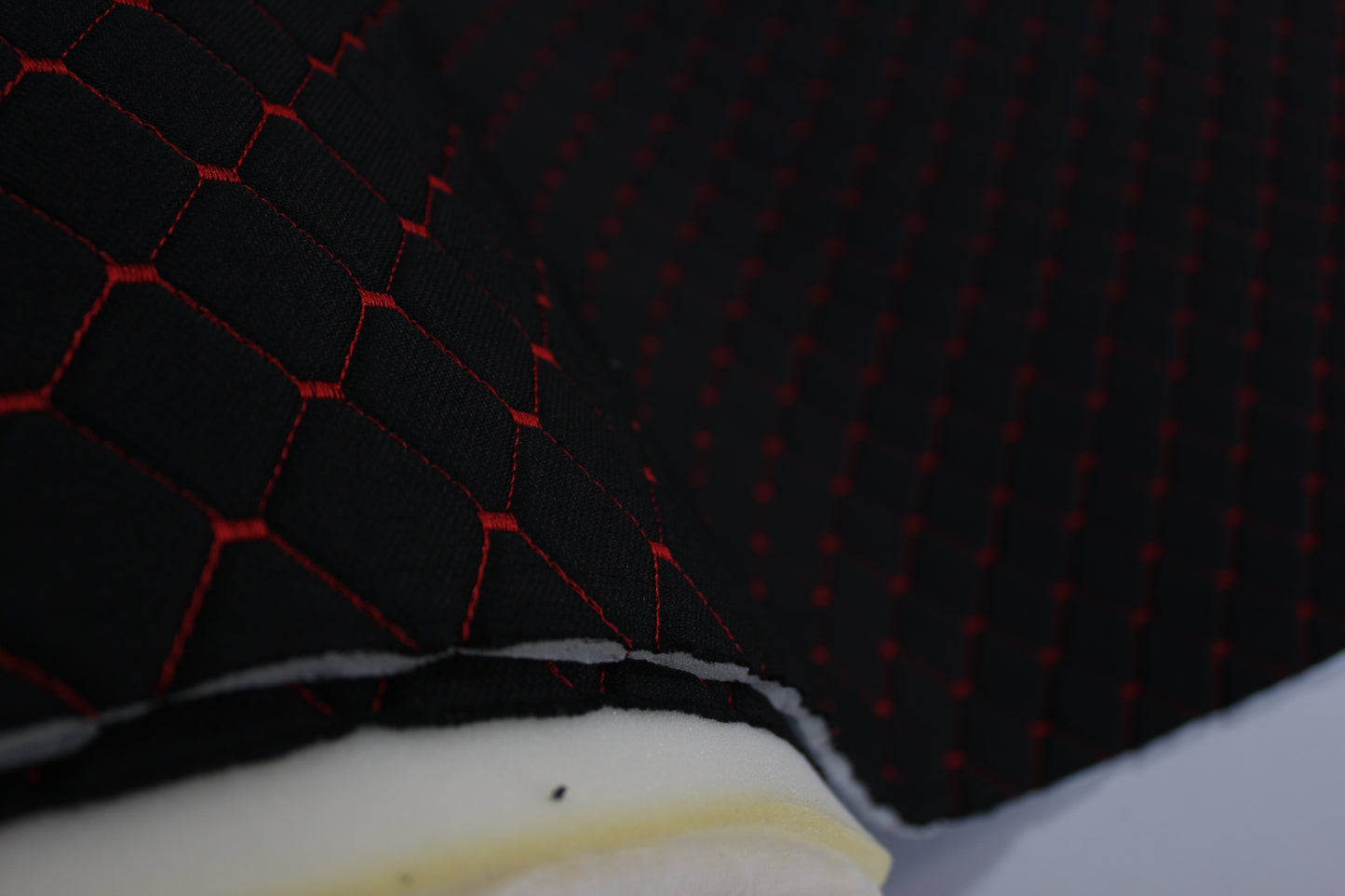 Red Quilted Black Interior Car Upholstery Fabric Diamond Stitch 2"x2" 5x5cm Size 5mm Foam 150cm - 59" inch Wide Professional Automobile