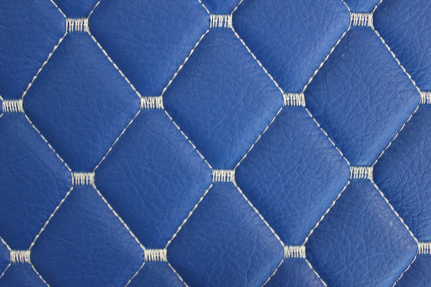 White Quilted Blue Vinyl Faux Leather Car Upholstery Fabric | 2"x2" 5x5cm Diamond Stitch with 5mm Foam | 140cm Wide | Automotive Projects