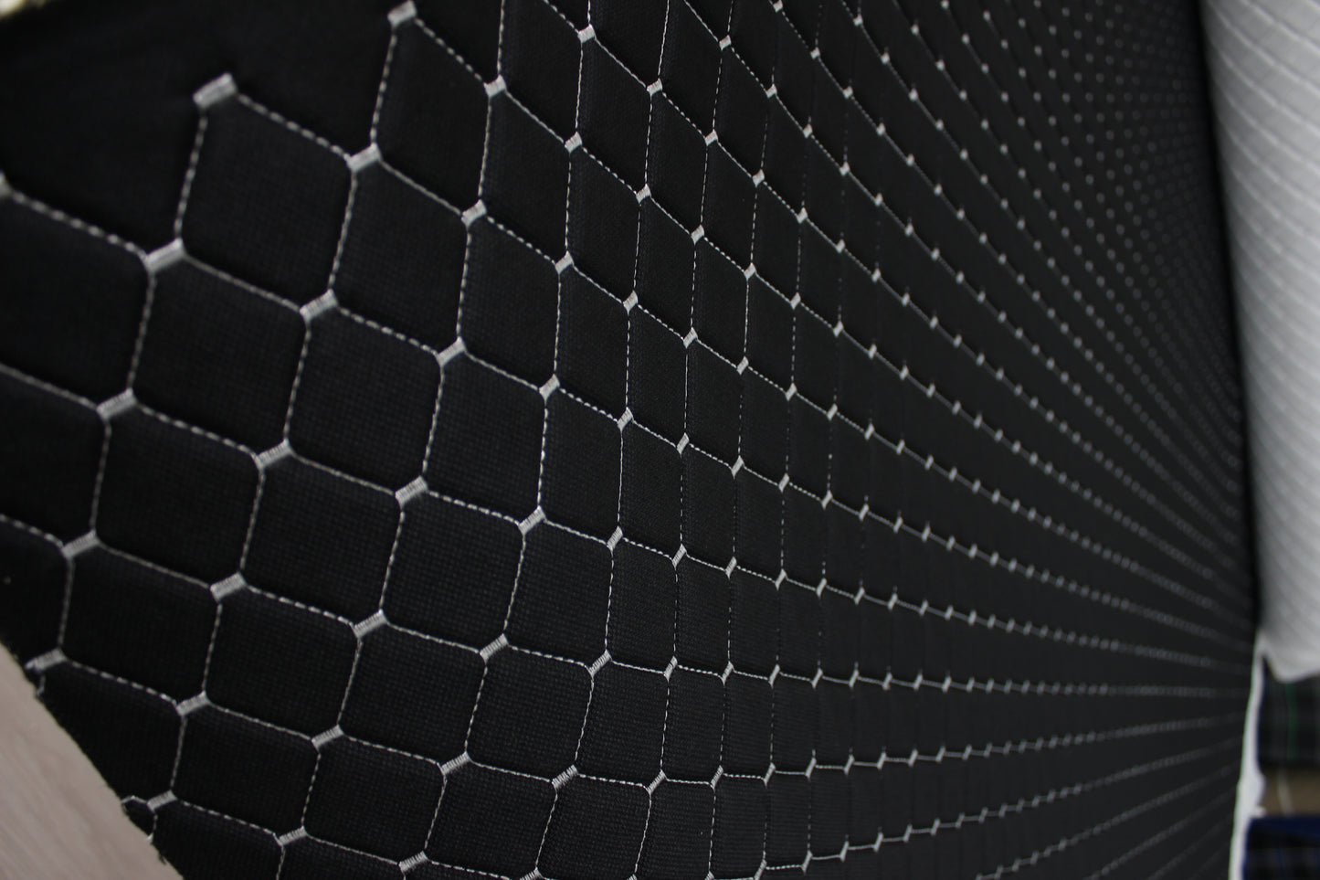 White Quilted Black Interior Car Upholstery Fabric Diamond Stitch 2"x2" 5x5cm Size 5mm Foam 150cm - 59" inch Wide Professional Automobile