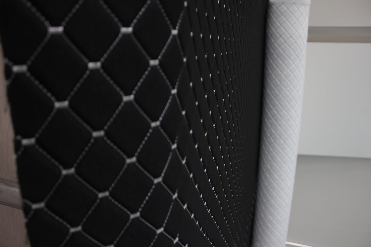 White Quilted Black Interior Car Upholstery Fabric Diamond Stitch 2"x2" 5x5cm Size 5mm Foam 150cm - 59" inch Wide Professional Automobile