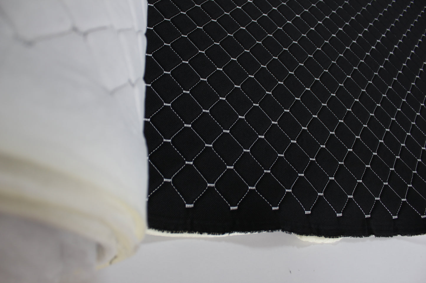 White Quilted Black Interior Car Upholstery Fabric Diamond Stitch 2"x2" 5x5cm Size 5mm Foam 150cm - 59" inch Wide Professional Automobile
