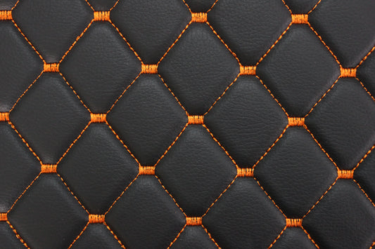 Black Orange Quilted Vinyl Faux Leather Car Upholstery Fabric | 2"x2" 5x5cm Diamond Stitch with 5mm Foam | 140cm Wide | Automotive