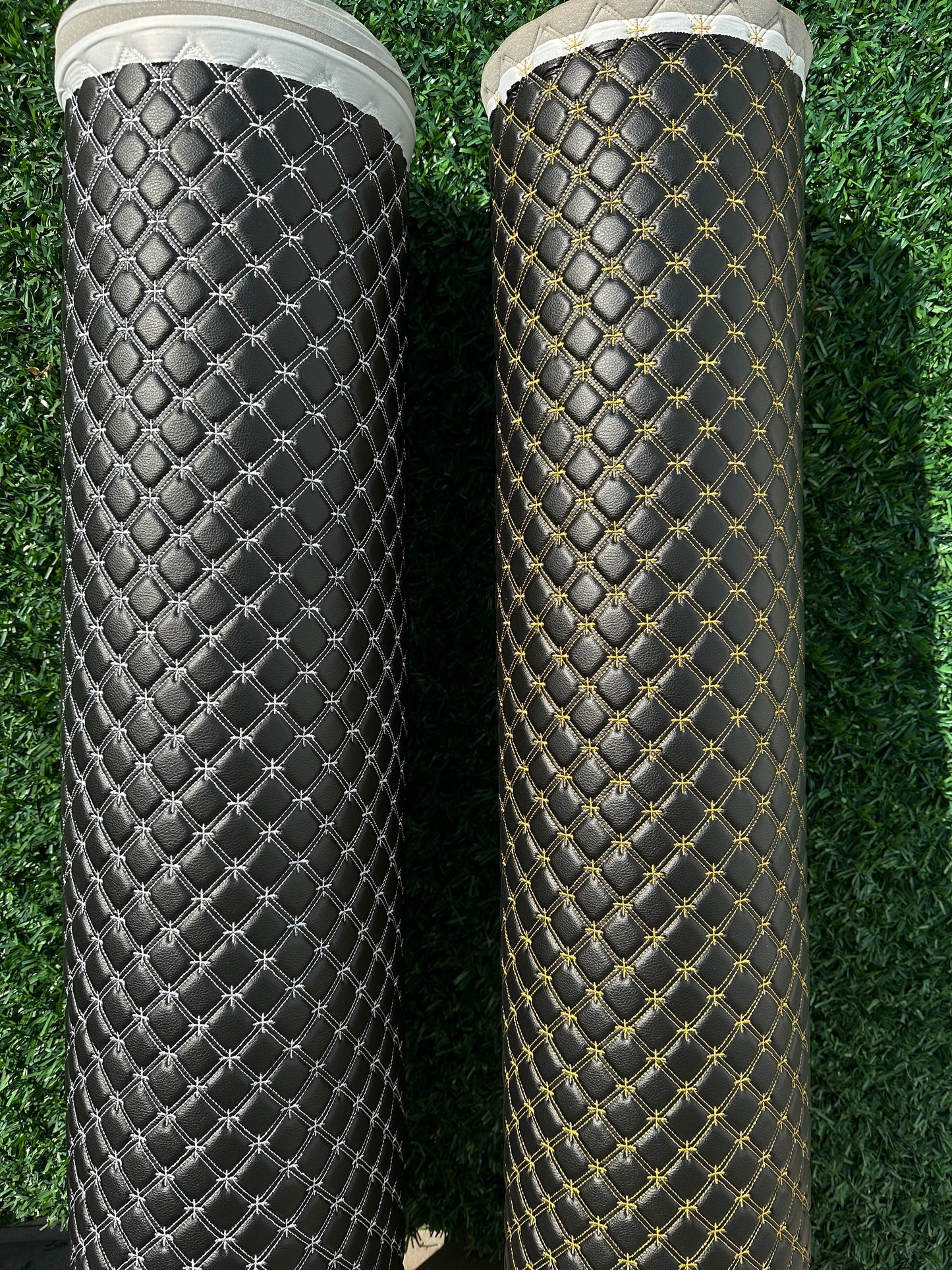 Gold Snowflake Cross Quilted Black Vinyl Faux Leather Car Upholstery Fabric | 2" x 5cm Stitch with 5mm Foam Backing | 140cm Wide | Automotive
