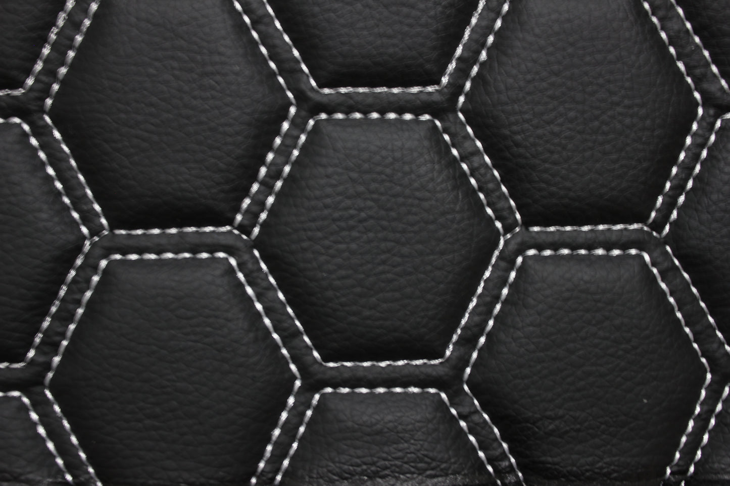 White Quilted Hexagon Black Vinyl Faux Leather Car Upholstery Fabric | 2" x 5cm Pattern Line Stitch with 5mm Foam Backing | 140cm Wide | Automotive