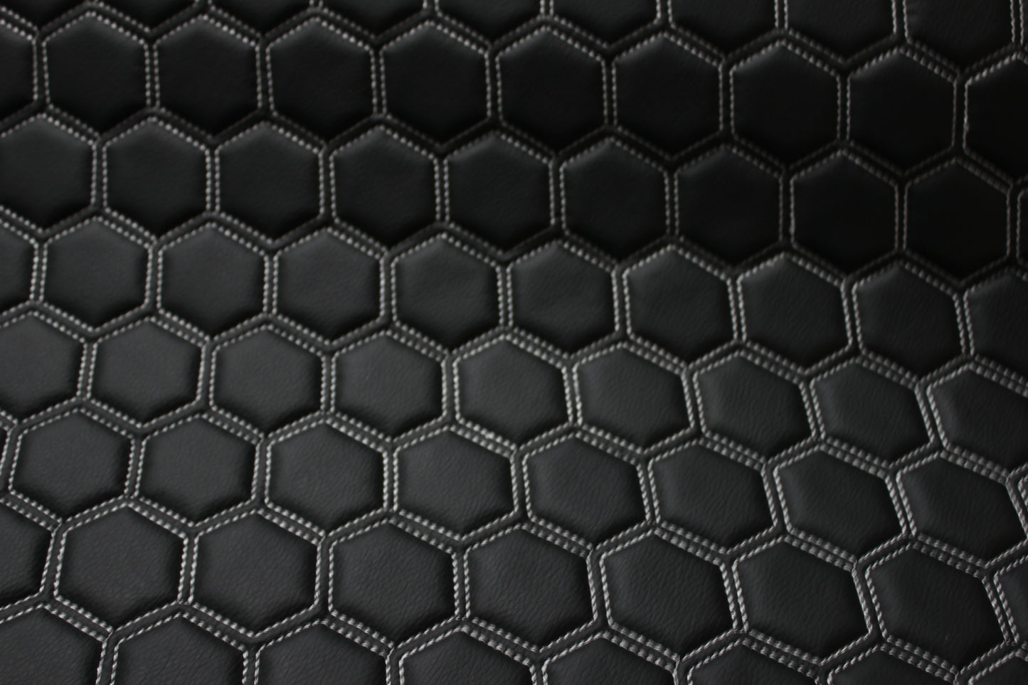 White Quilted Hexagon Black Vinyl Faux Leather Car Upholstery Fabric | 2" x 5cm Pattern Line Stitch with 5mm Foam Backing | 140cm Wide | Automotive