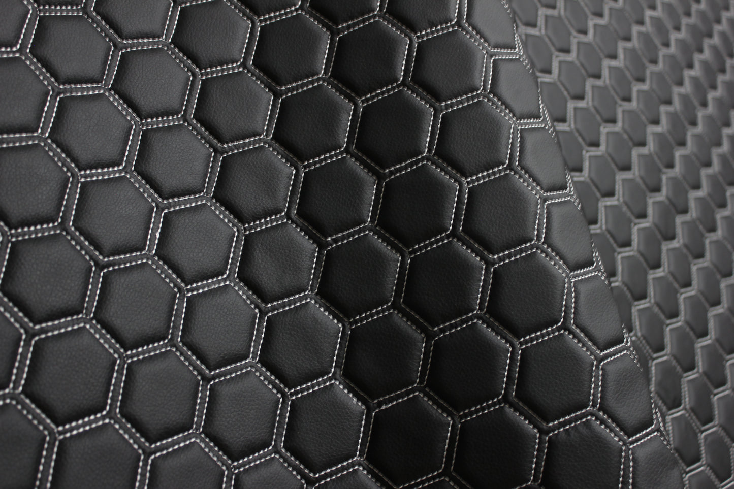 White Quilted Hexagon Black Vinyl Faux Leather Car Upholstery Fabric | 2" x 5cm Pattern Line Stitch with 5mm Foam Backing | 140cm Wide | Automotive
