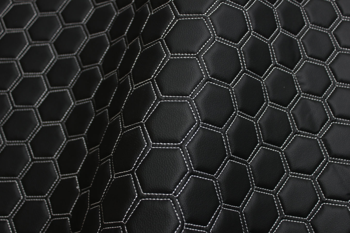 White Quilted Hexagon Black Vinyl Faux Leather Car Upholstery Fabric | 2" x 5cm Pattern Line Stitch with 5mm Foam Backing | 140cm Wide | Automotive