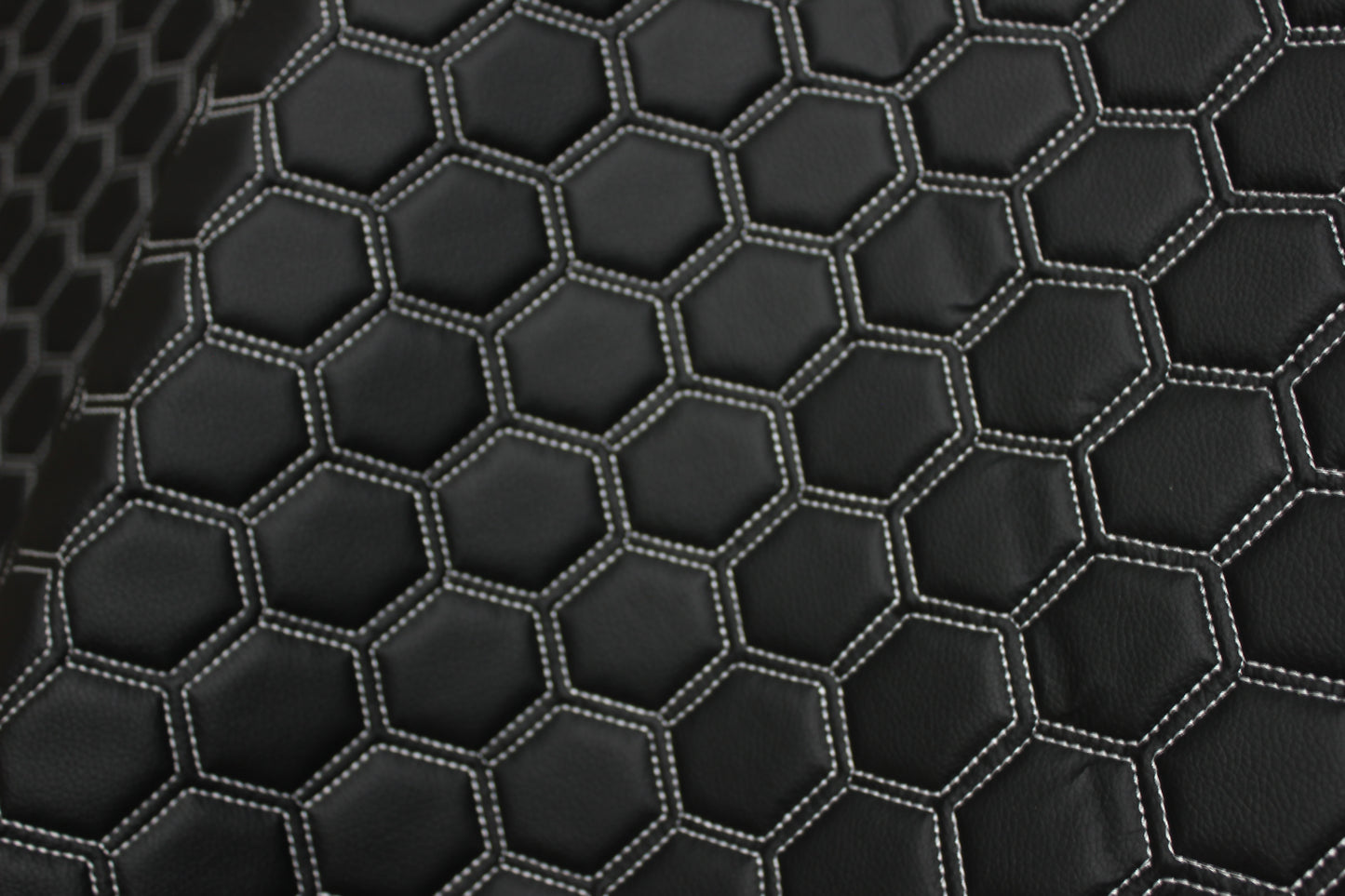 White Quilted Hexagon Black Vinyl Faux Leather Car Upholstery Fabric | 2" x 5cm Pattern Line Stitch with 5mm Foam Backing | 140cm Wide | Automotive
