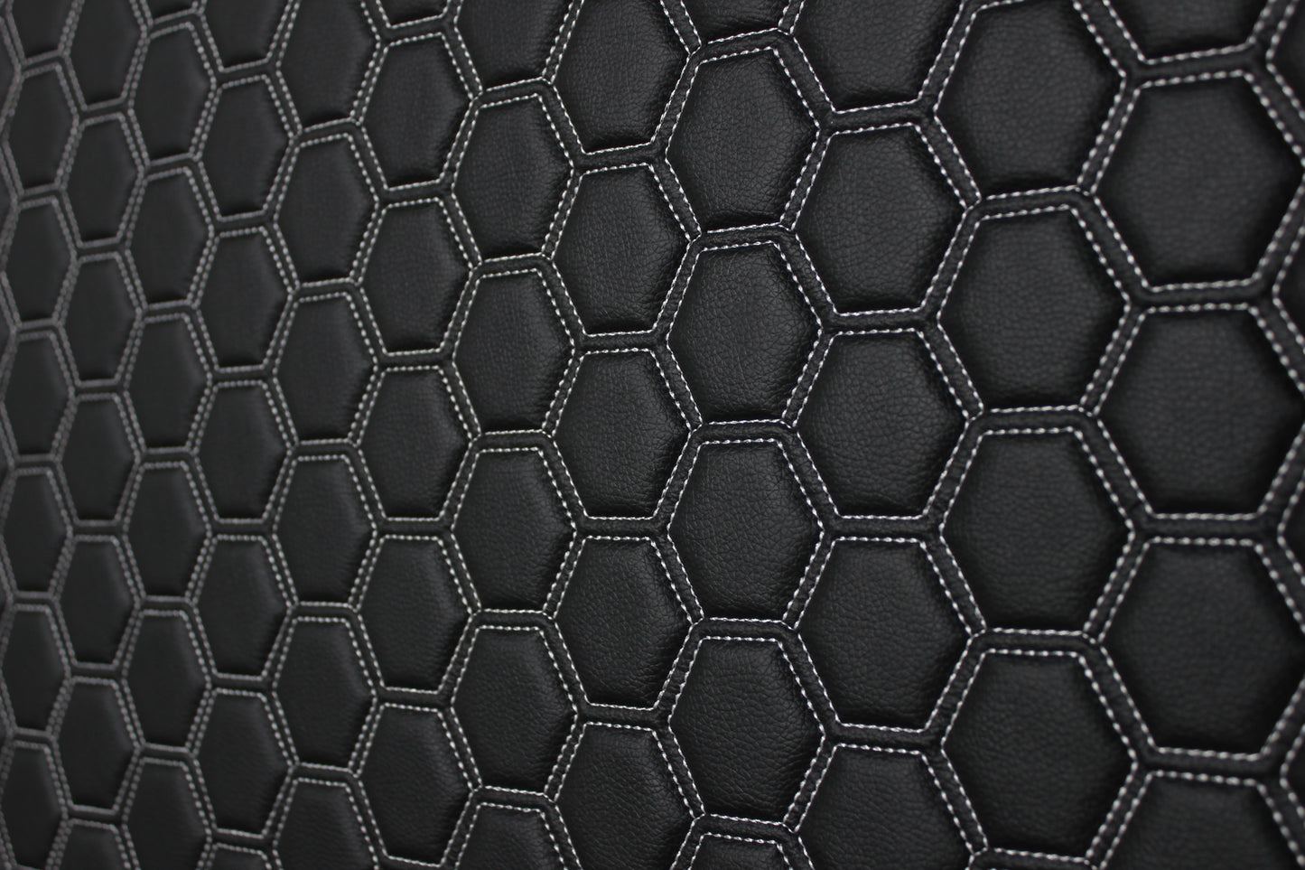 White Quilted Hexagon Black Vinyl Faux Leather Car Upholstery Fabric | 2" x 5cm Pattern Line Stitch with 5mm Foam Backing | 140cm Wide | Automotive