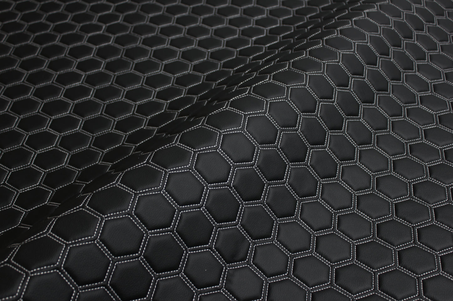 White Quilted Hexagon Black Vinyl Faux Leather Car Upholstery Fabric | 2" x 5cm Pattern Line Stitch with 5mm Foam Backing | 140cm Wide | Automotive