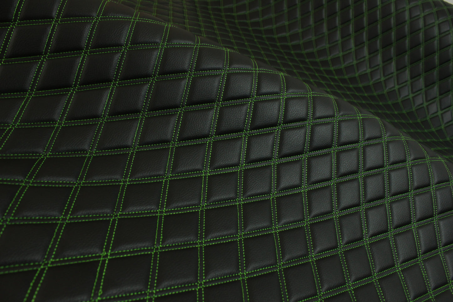 Double Green Quilted Vinyl Faux Leather Car Upholstery Fabric | 2"x3" 5x7.5cm Diamond Stitched 5mm Foam Backed 140cm Wide -55" Wide