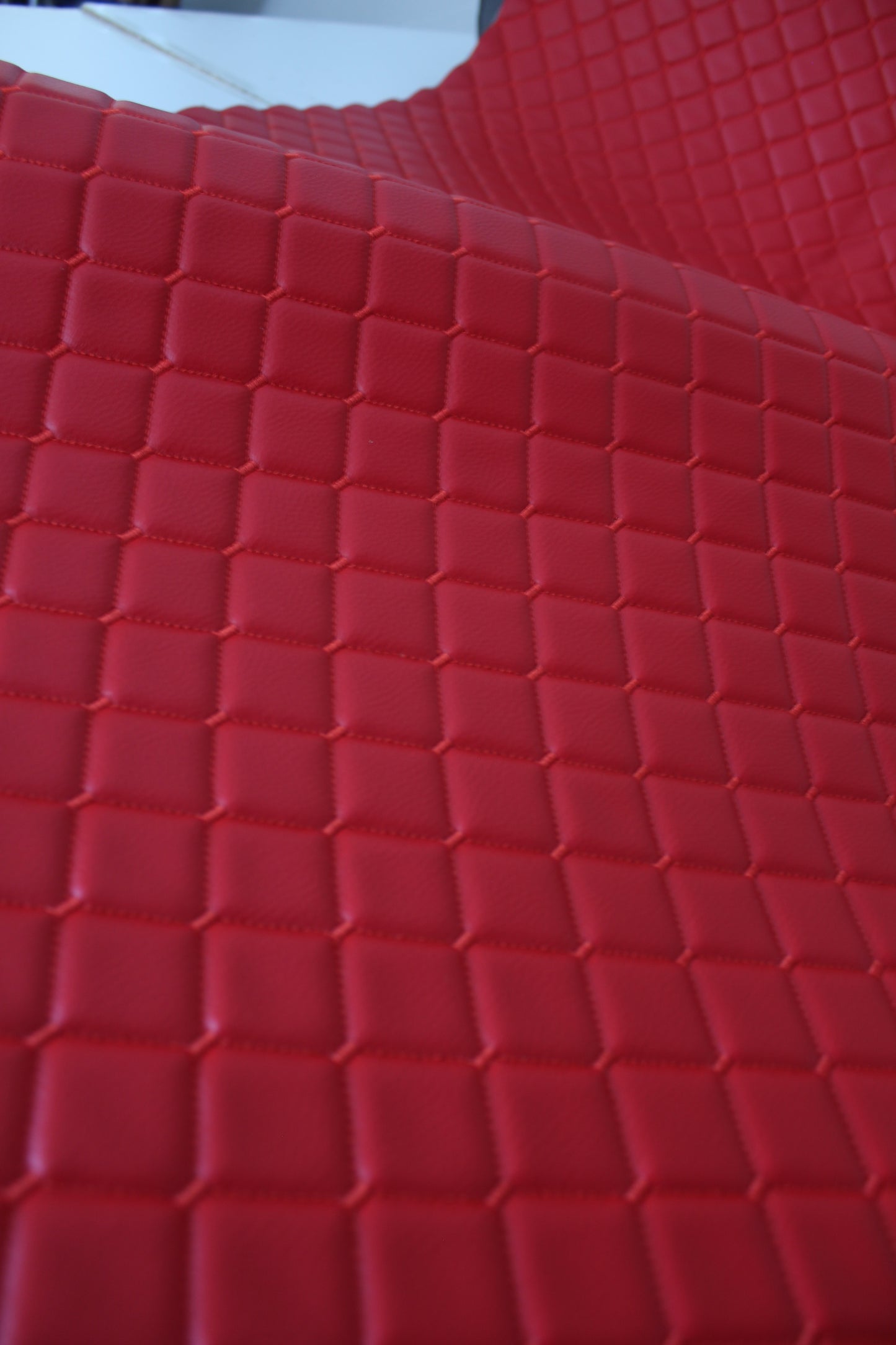 Red Quilted Red Vinyl Faux Leather Car Upholstery Fabric | 2"x2" 5x5cm Diamond Stitch with 5mm Foam | 140cm Wide | Automotive Projects
