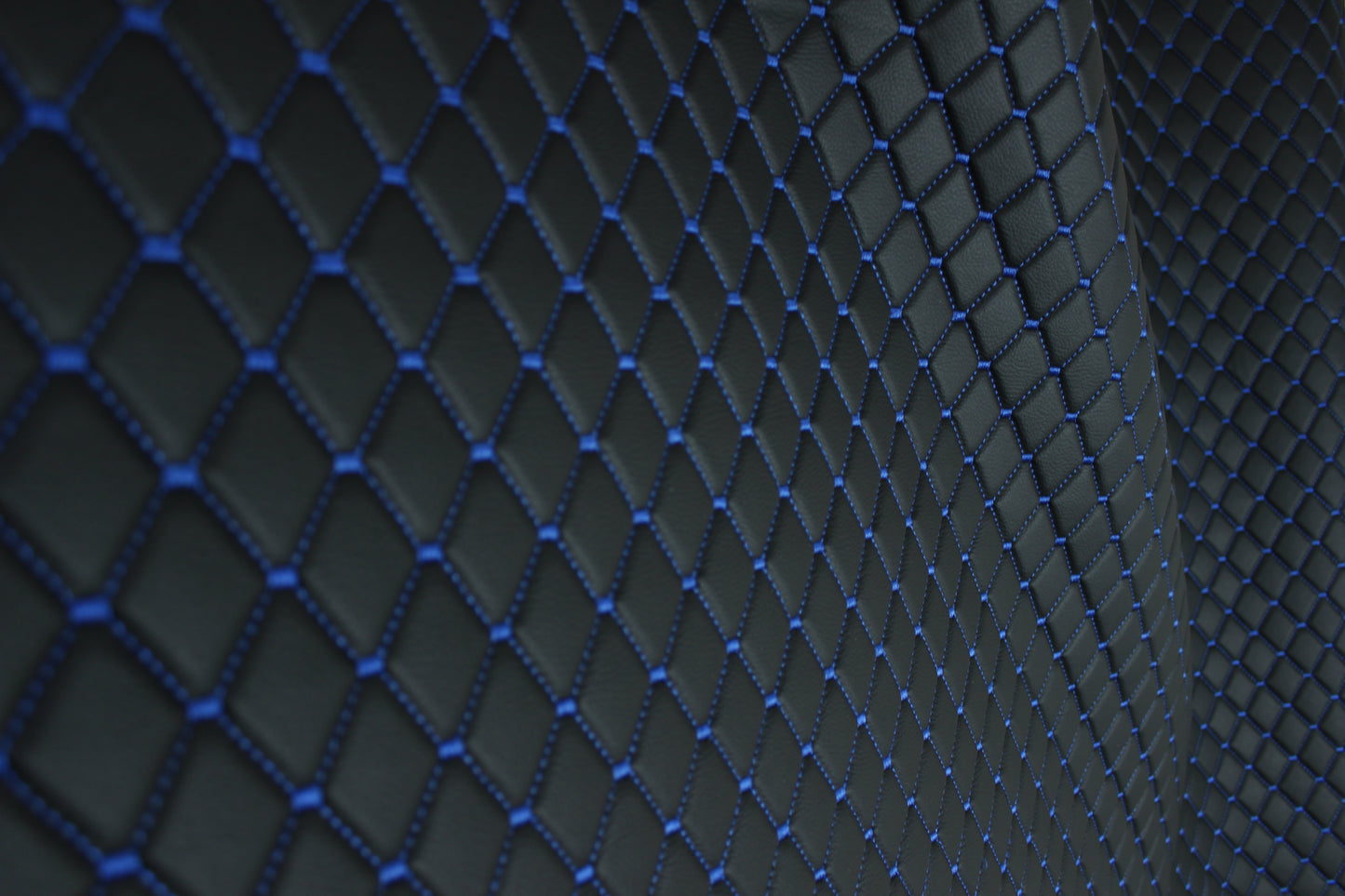 Blue Quilted Black Vinyl Faux Leather Car Upholstery Fabric | 2"x2" 5x5cm Diamond Stitch with 5mm Foam Backing | 140cm Wide | Automotive Projects