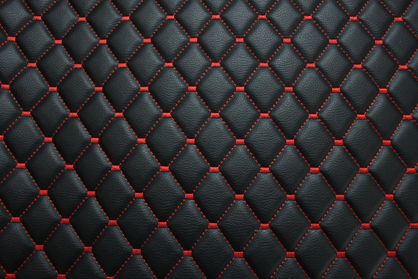 Red Quilted Black Vinyl Faux Leather Car Upholstery Fabric | 2"x2" 5x5cm Diamond Stitch with 4mm Foam Backing | 140cm Wide | Automotive Projects