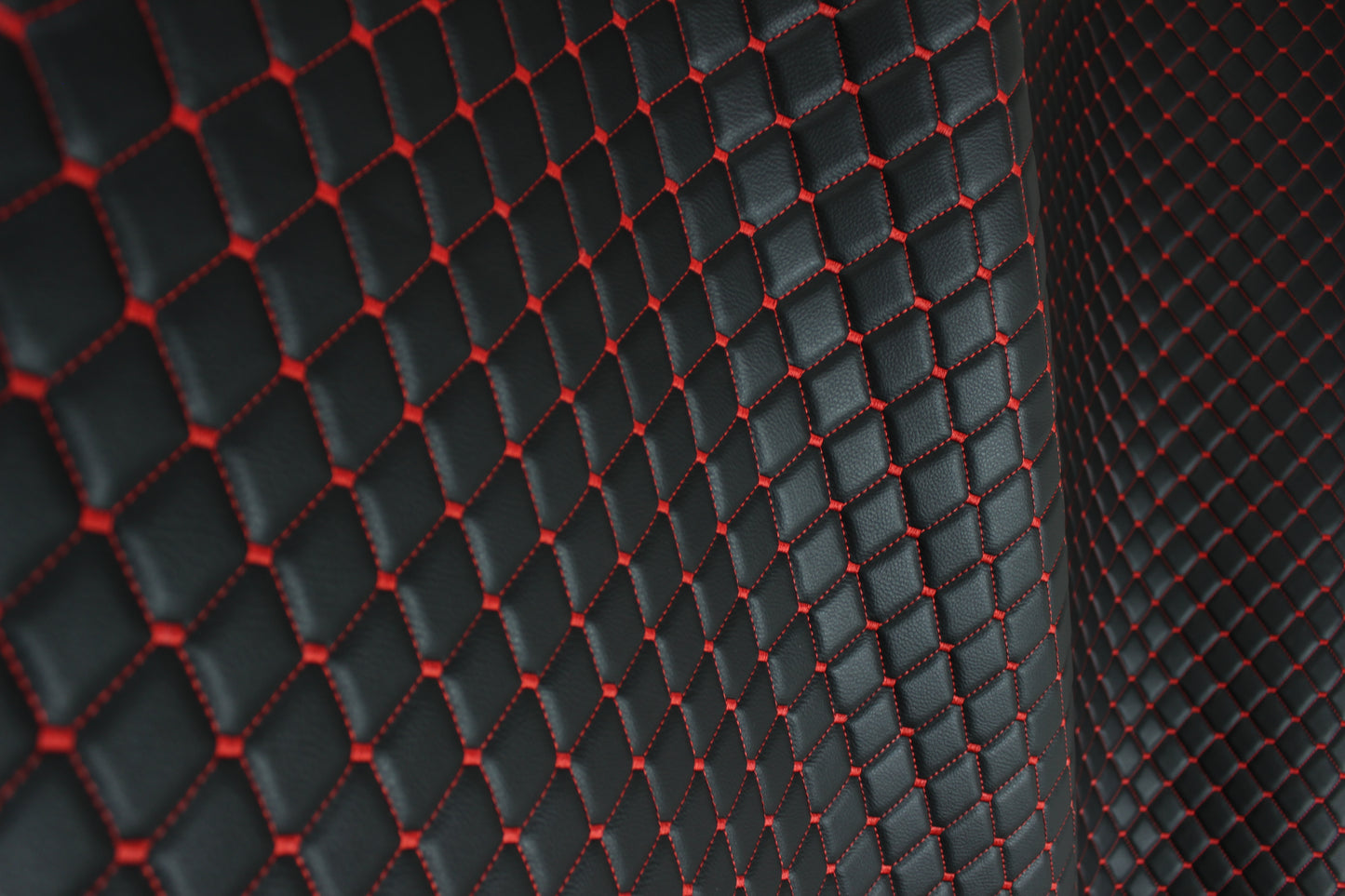 Red Quilted Black Vinyl Faux Leather Car Upholstery Fabric | 2"x2" 5x5cm Diamond Stitch with 4mm Foam Backing | 140cm Wide | Automotive Projects