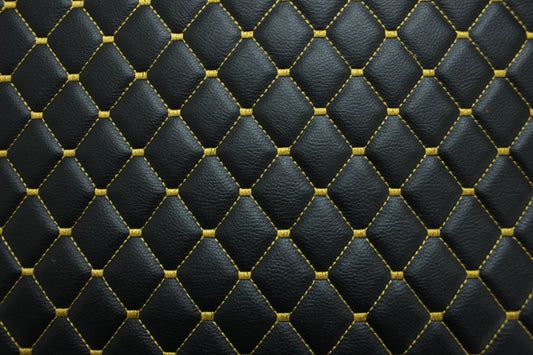 Black Gold Quilted Vinyl Faux Leather Car Upholstery Fabric | 2"x2" 5x5cm Diamond Stitch with 5mm Foam | 140cm Wide | Automotive Projects