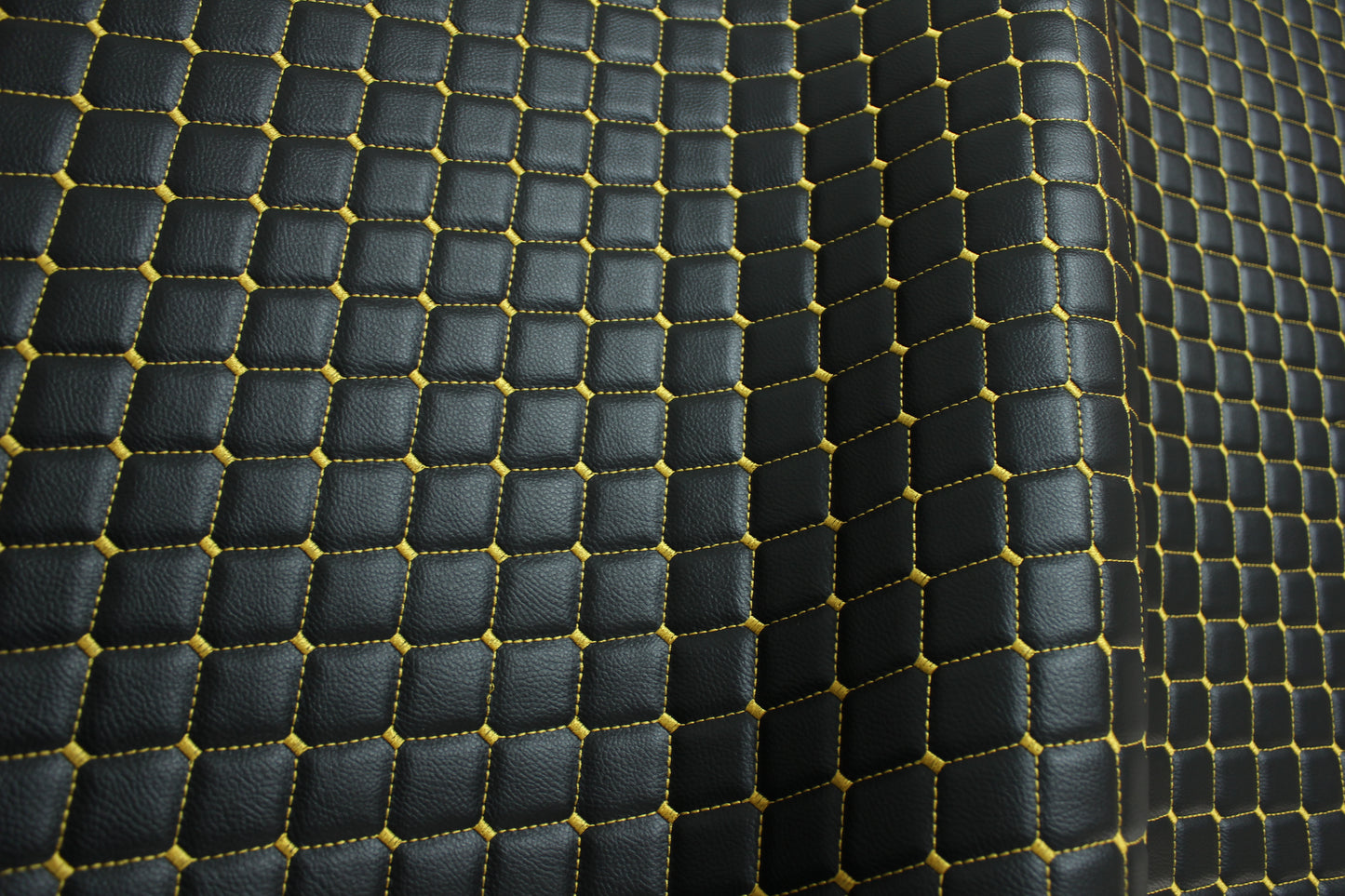 Black Gold Quilted Vinyl Faux Leather Car Upholstery Fabric | 2"x2" 5x5cm Diamond Stitch with 5mm Foam | 140cm Wide | Automotive Projects