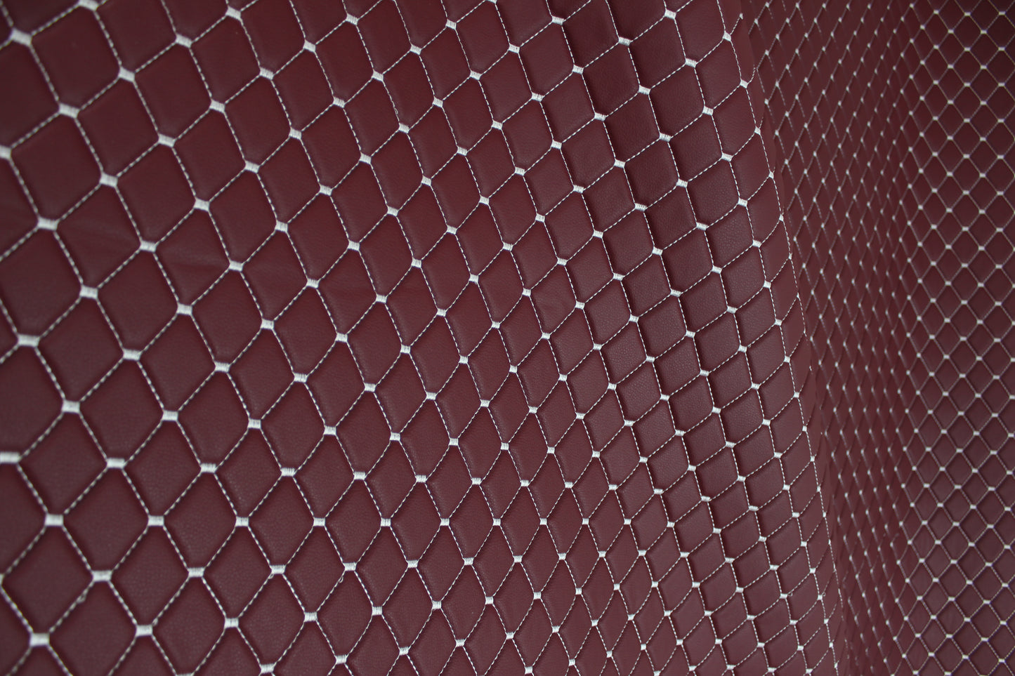 Dark Red White Quilted Vinyl Faux Leather Car Upholstery Fabric | 2"x2" 5x5cm Diamond Stitch with 5mm Foam | 140cm Wide | Automotive Projects