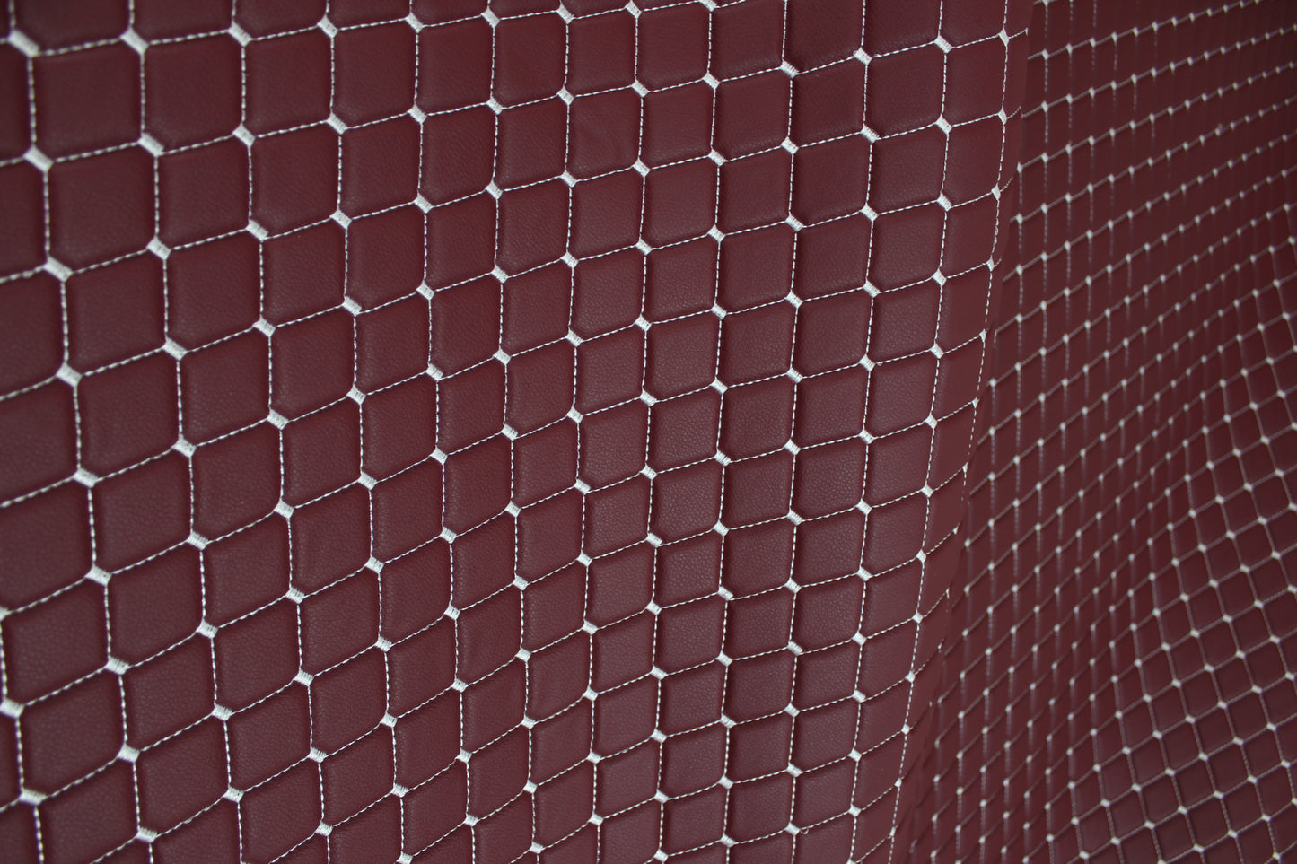 Dark Red White Quilted Vinyl Faux Leather Car Upholstery Fabric | 2"x2" 5x5cm Diamond Stitch with 5mm Foam | 140cm Wide | Automotive Projects