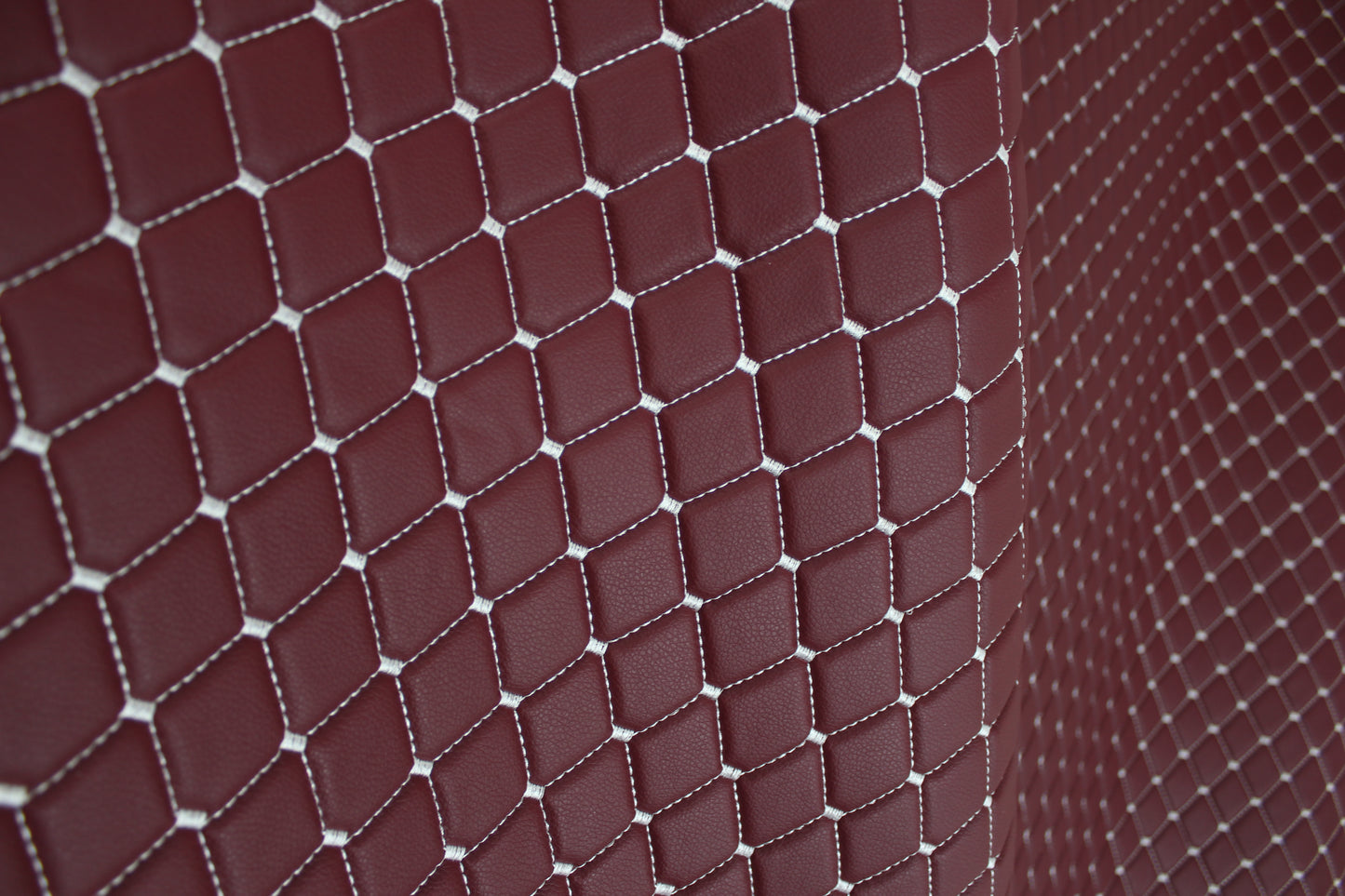Dark Red White Quilted Vinyl Faux Leather Car Upholstery Fabric | 2"x2" 5x5cm Diamond Stitch with 5mm Foam | 140cm Wide | Automotive Projects