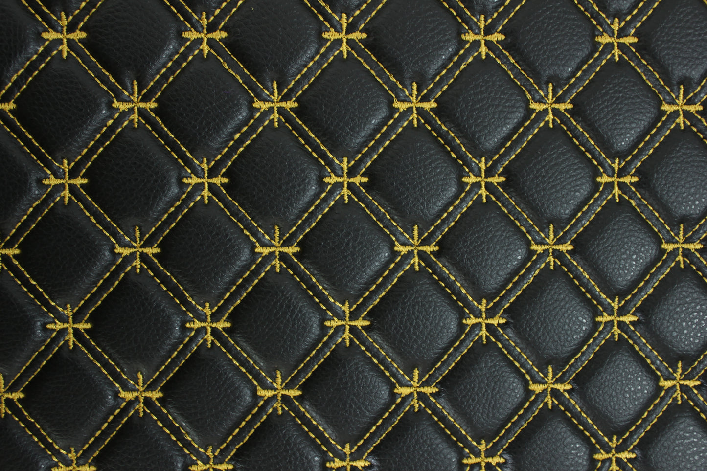 Gold Snowflake Cross Quilted Black Vinyl Faux Leather Car Upholstery Fabric | 2" x 5cm Stitch with 5mm Foam Backing | 140cm Wide | Automotive