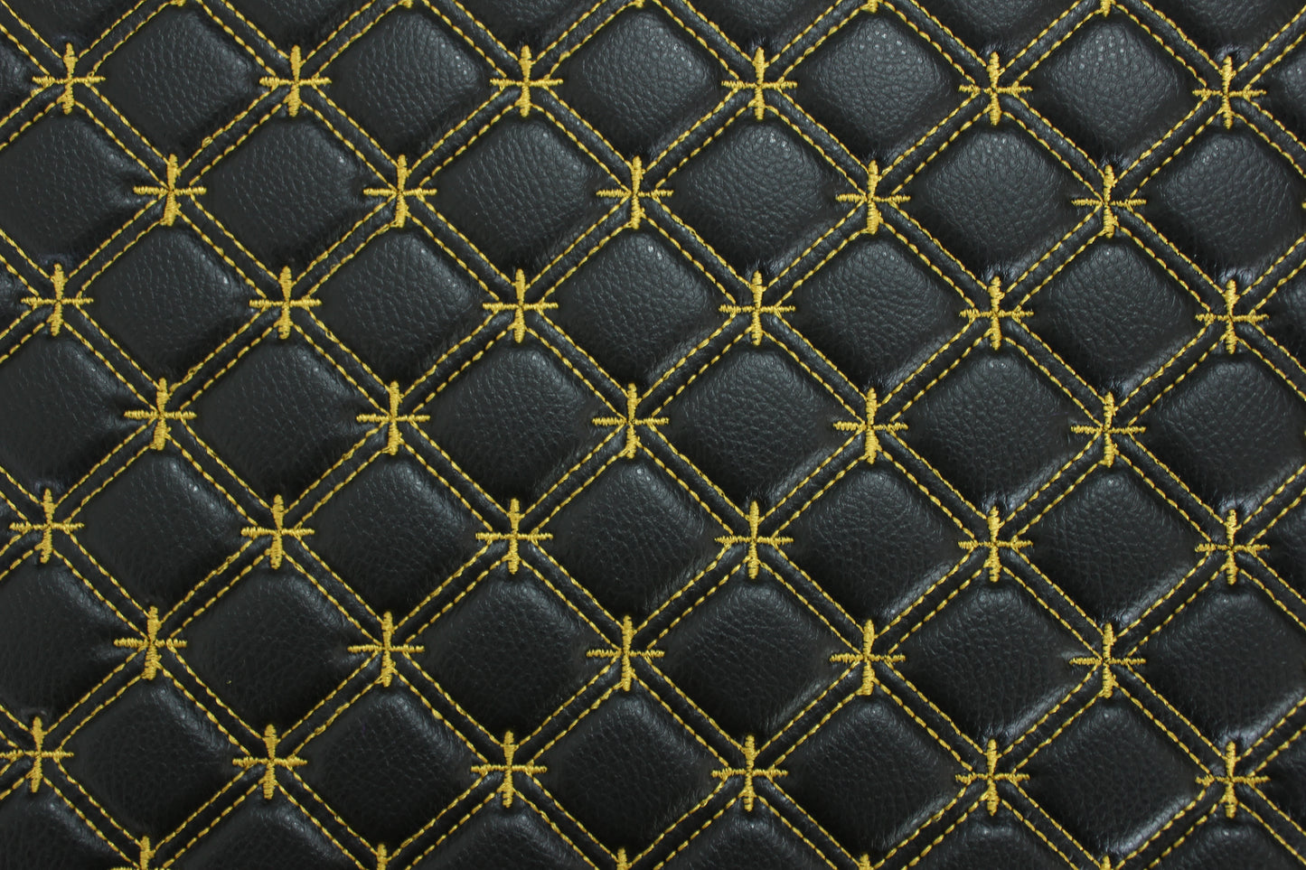 Gold Snowflake Cross Quilted Black Vinyl Faux Leather Car Upholstery Fabric | 2" x 5cm Stitch with 5mm Foam Backing | 140cm Wide | Automotive