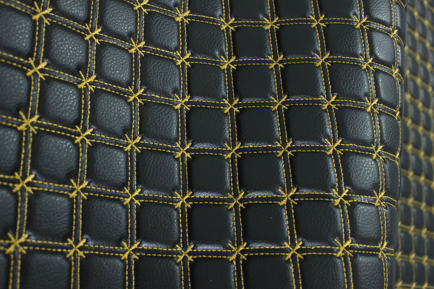Gold Snowflake Cross Quilted Black Vinyl Faux Leather Car Upholstery Fabric | 2" x 5cm Stitch with 5mm Foam Backing | 140cm Wide | Automotive