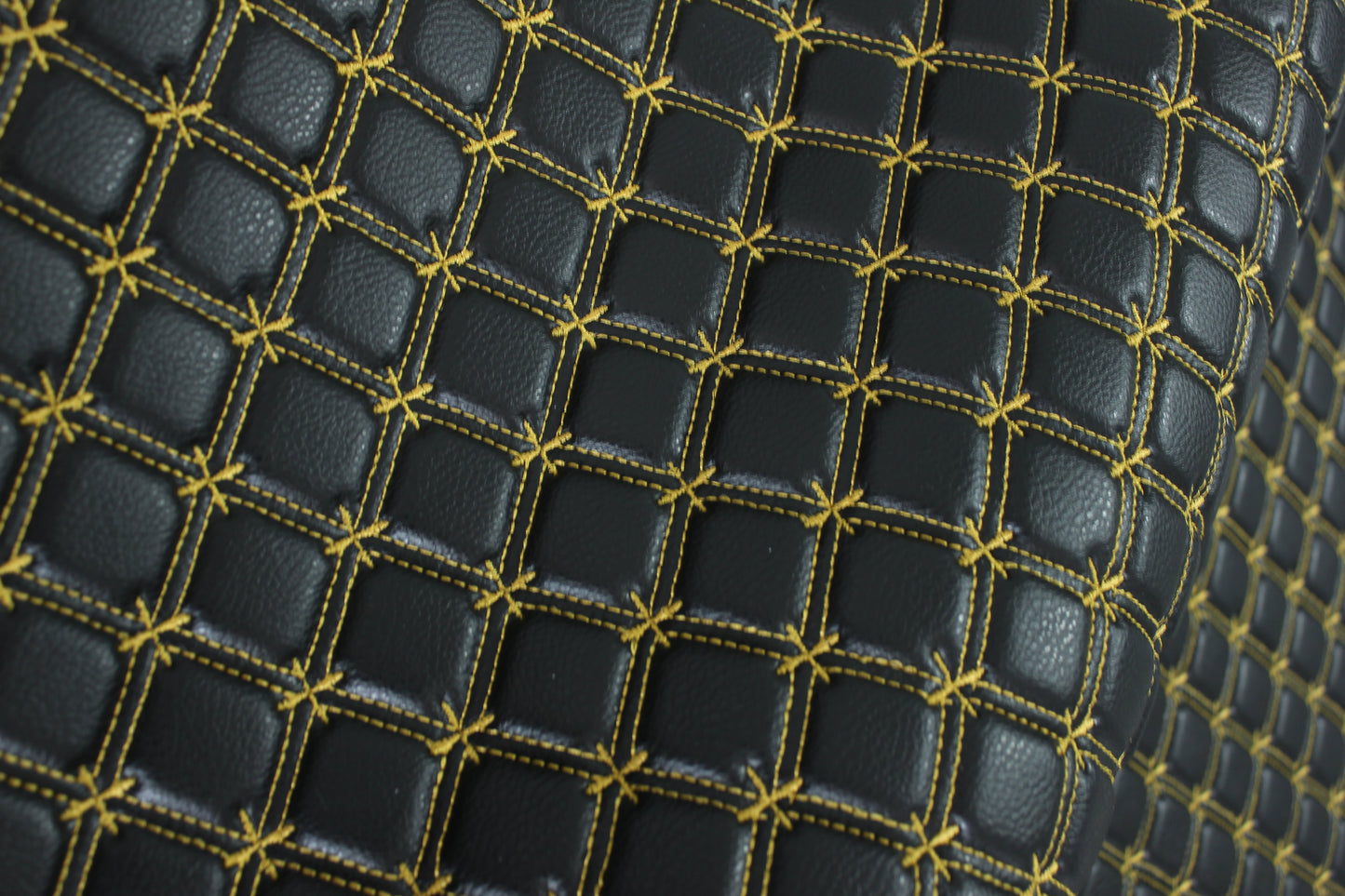 Gold Snowflake Cross Quilted Black Vinyl Faux Leather Car Upholstery Fabric | 2" x 5cm Stitch with 5mm Foam Backing | 140cm Wide | Automotive