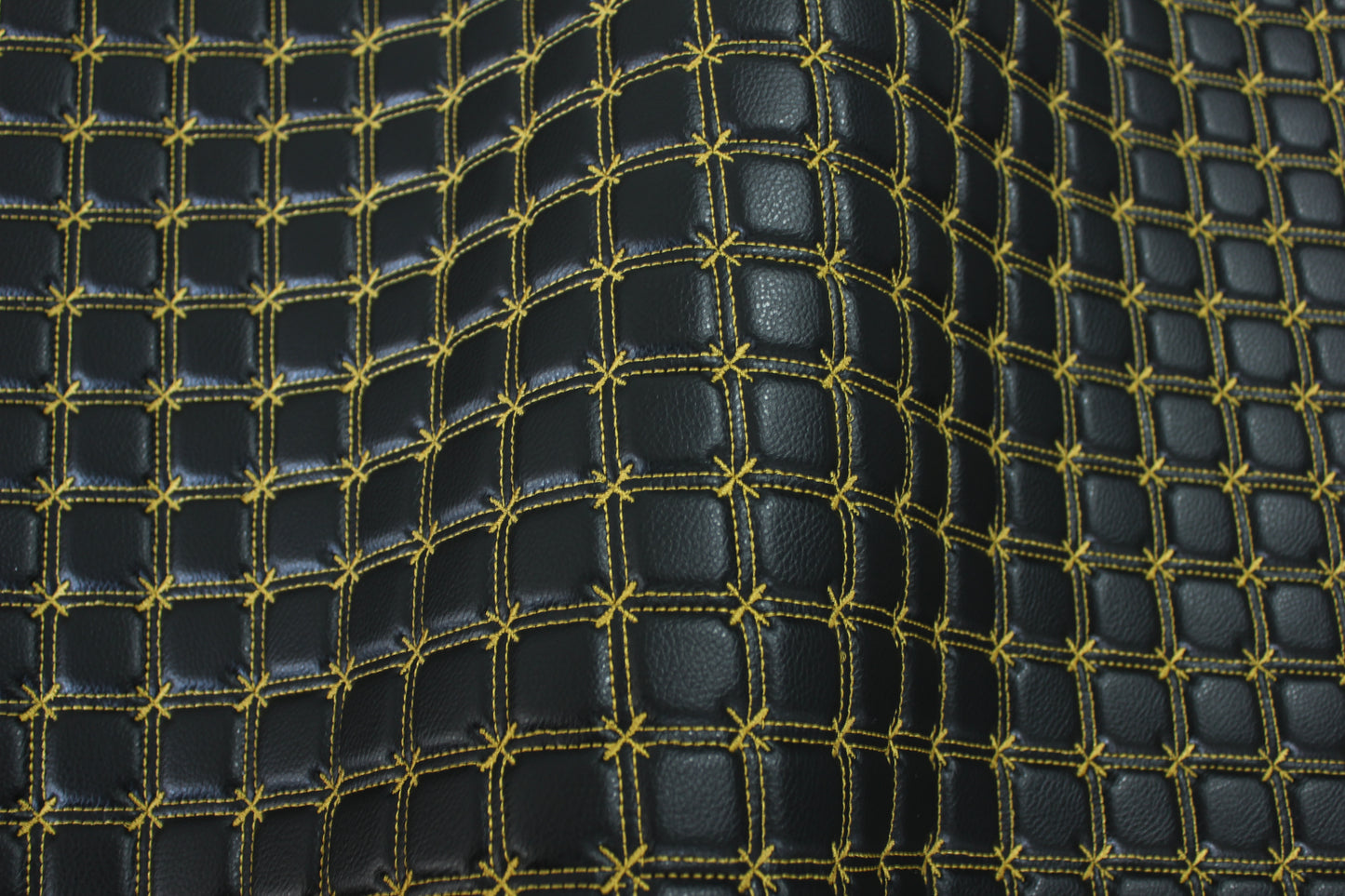 Gold Snowflake Cross Quilted Black Vinyl Faux Leather Car Upholstery Fabric | 2" x 5cm Stitch with 5mm Foam Backing | 140cm Wide | Automotive