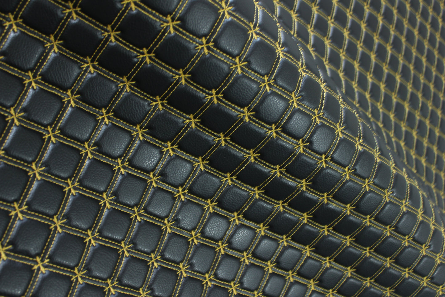 Gold Snowflake Cross Quilted Black Vinyl Faux Leather Car Upholstery Fabric | 2" x 5cm Stitch with 5mm Foam Backing | 140cm Wide | Automotive