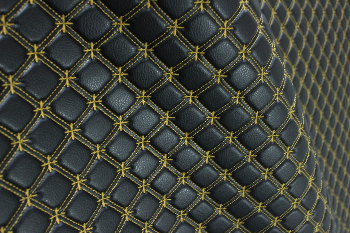 Gold Snowflake Cross Quilted Black Vinyl Faux Leather Car Upholstery Fabric | 2" x 5cm Stitch with 5mm Foam Backing | 140cm Wide | Automotive