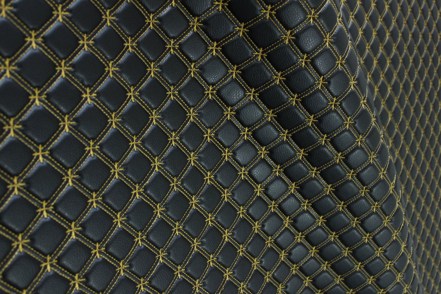 Gold Snowflake Cross Quilted Black Vinyl Faux Leather Car Upholstery Fabric | 2" x 5cm Stitch with 5mm Foam Backing | 140cm Wide | Automotive