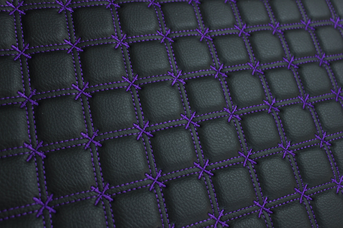 Purple Snowflake Cross Quilted Black Vinyl Faux Leather Car Upholstery Fabric | 2" x 5cm Stitch with 5mm Foam Backing | 140cm Wide | Automotive