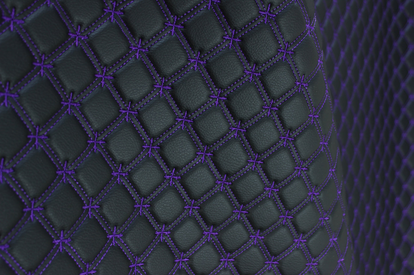 Purple Snowflake Cross Quilted Black Vinyl Faux Leather Car Upholstery Fabric | 2" x 5cm Stitch with 5mm Foam Backing | 140cm Wide | Automotive