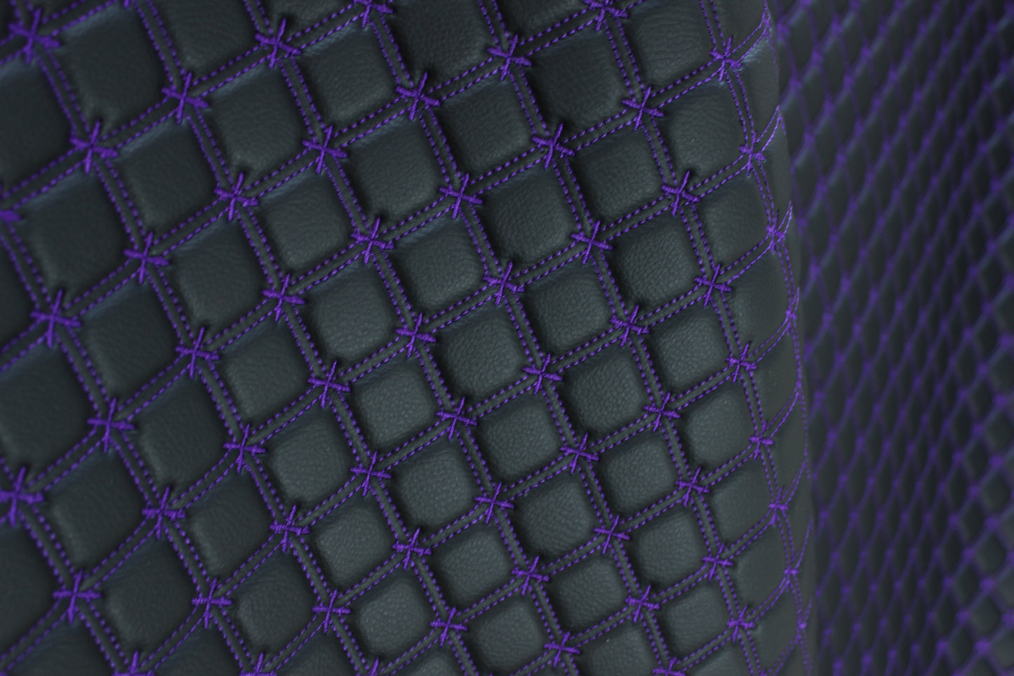 Purple Snowflake Cross Quilted Black Vinyl Faux Leather Car Upholstery Fabric | 2" x 5cm Stitch with 5mm Foam Backing | 140cm Wide | Automotive