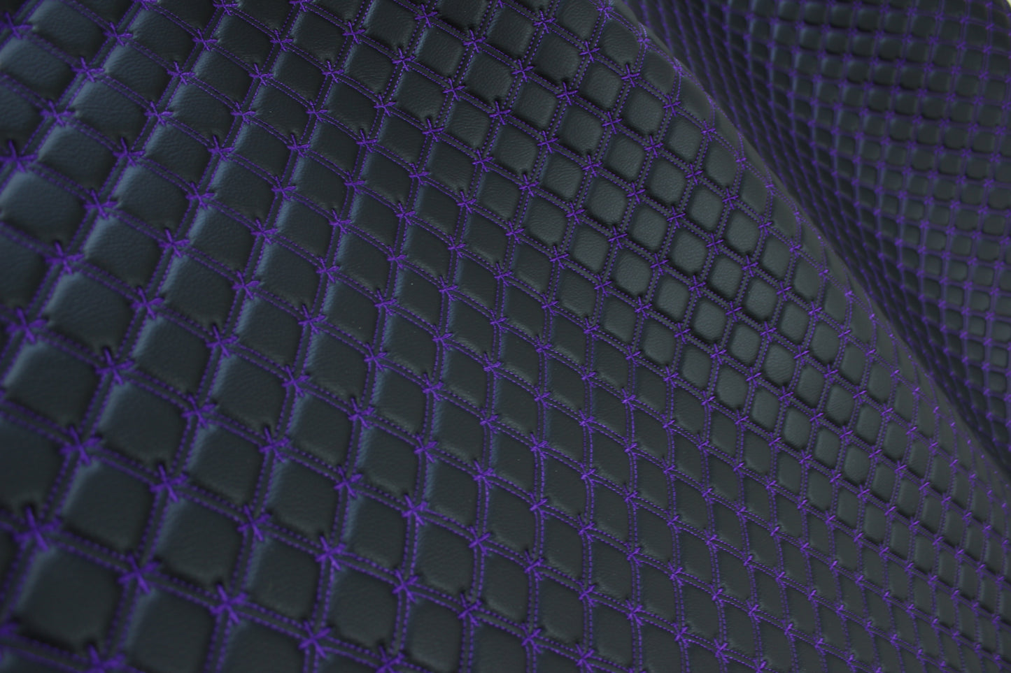 Purple Snowflake Cross Quilted Black Vinyl Faux Leather Car Upholstery Fabric | 2" x 5cm Stitch with 5mm Foam Backing | 140cm Wide | Automotive