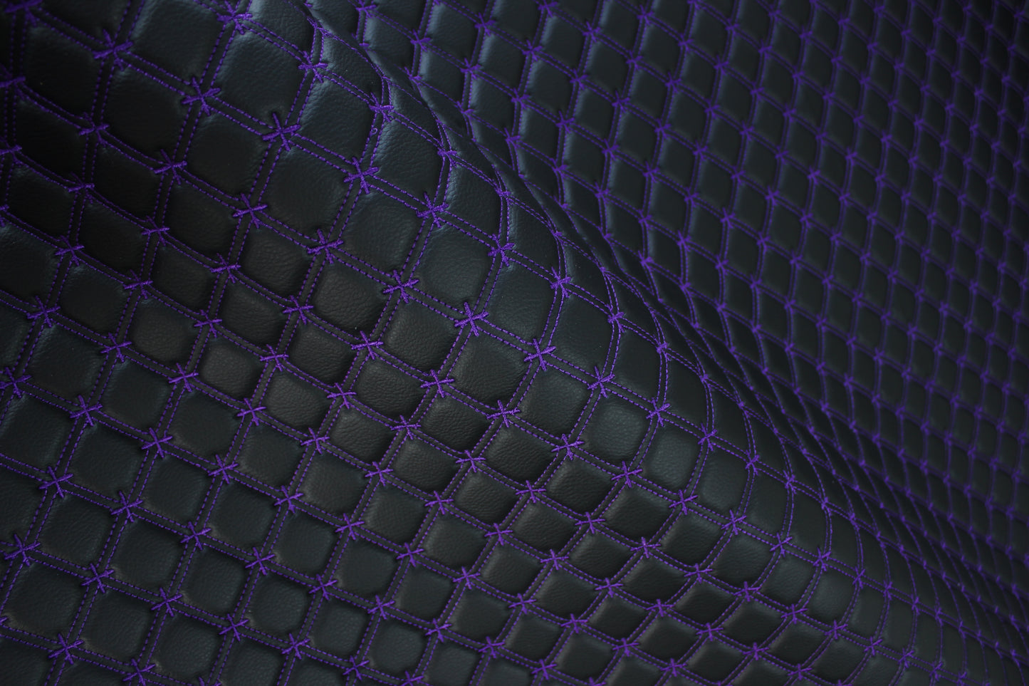 Purple Snowflake Cross Quilted Black Vinyl Faux Leather Car Upholstery Fabric | 2" x 5cm Stitch with 5mm Foam Backing | 140cm Wide | Automotive