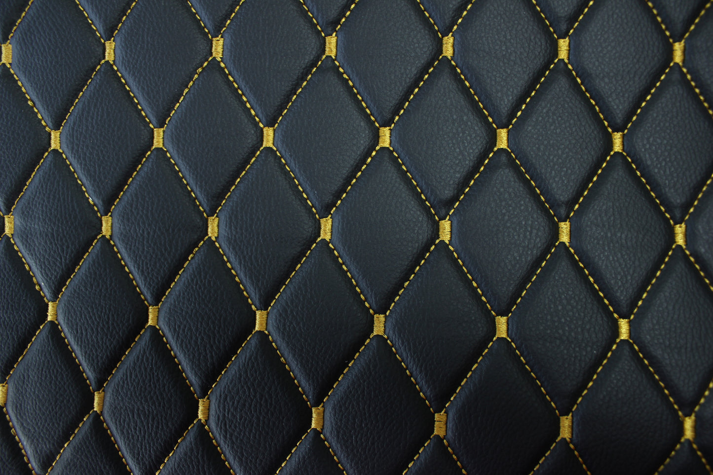 Gold Quilted Black Vinyl Grain Faux Leather Car Upholstery Fabric | 2"x3" - 5x8cm Diamond Stitch with Foam | 140cm & 55.1" Wide | Artificial Leather