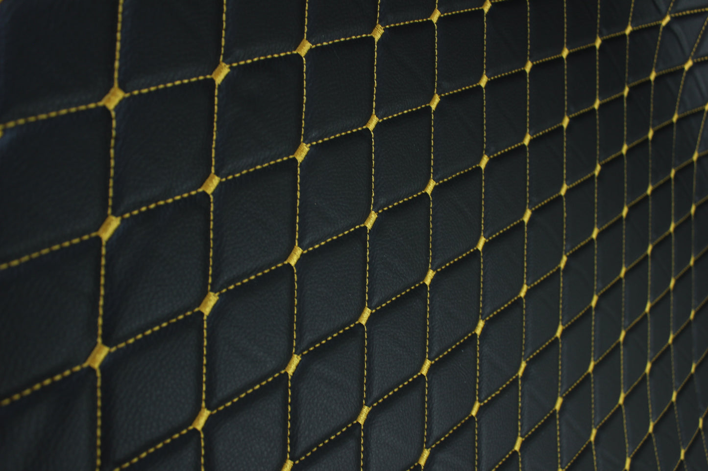 Gold Quilted Black Vinyl Grain Faux Leather Car Upholstery Fabric | 2"x3" - 5x8cm Diamond Stitch with Foam | 140cm & 55.1" Wide | Artificial Leather