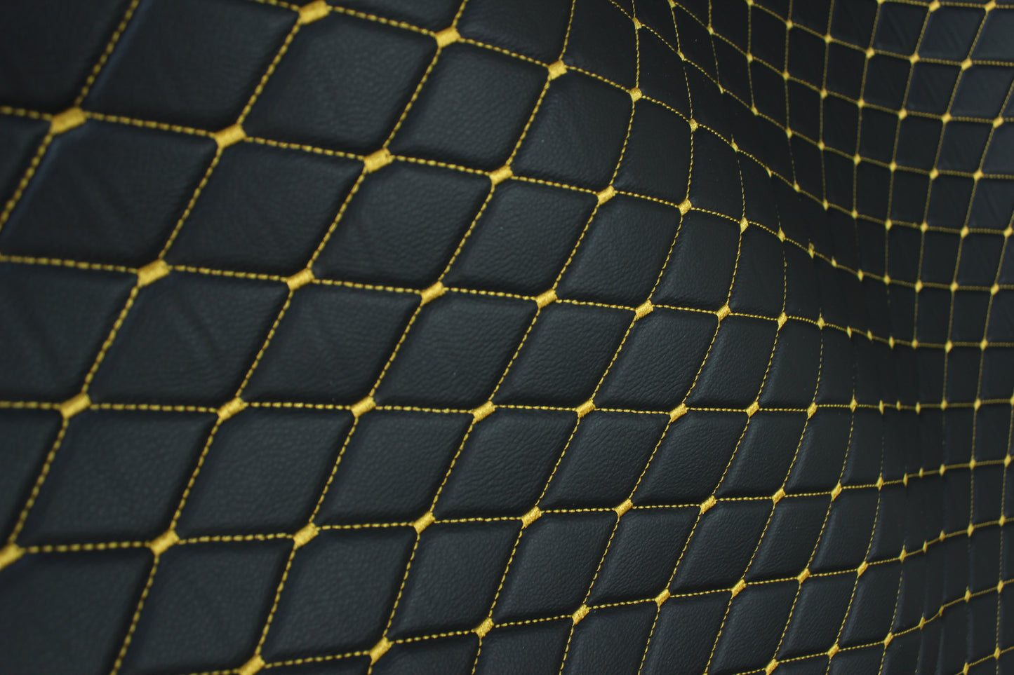 Gold Quilted Black Vinyl Grain Faux Leather Car Upholstery Fabric | 2"x3" - 5x8cm Diamond Stitch with Foam | 140cm & 55.1" Wide | Artificial Leather