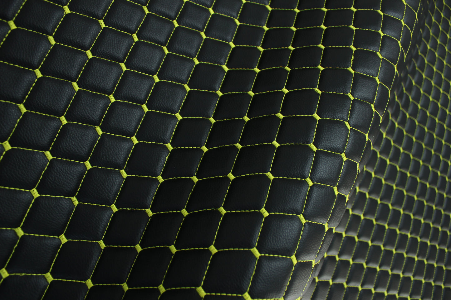 Black Yellow Quilted Vinyl Faux Leather Car Upholstery Fabric | 2"x2" 5x5cm Diamond Stitch with 5mm Foam | 140cm Wide | Automotive